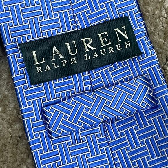 Lauren Ralph Lauren Necktie Silk Blue White Geometric Print Hand Finished - Picture 6 of 10